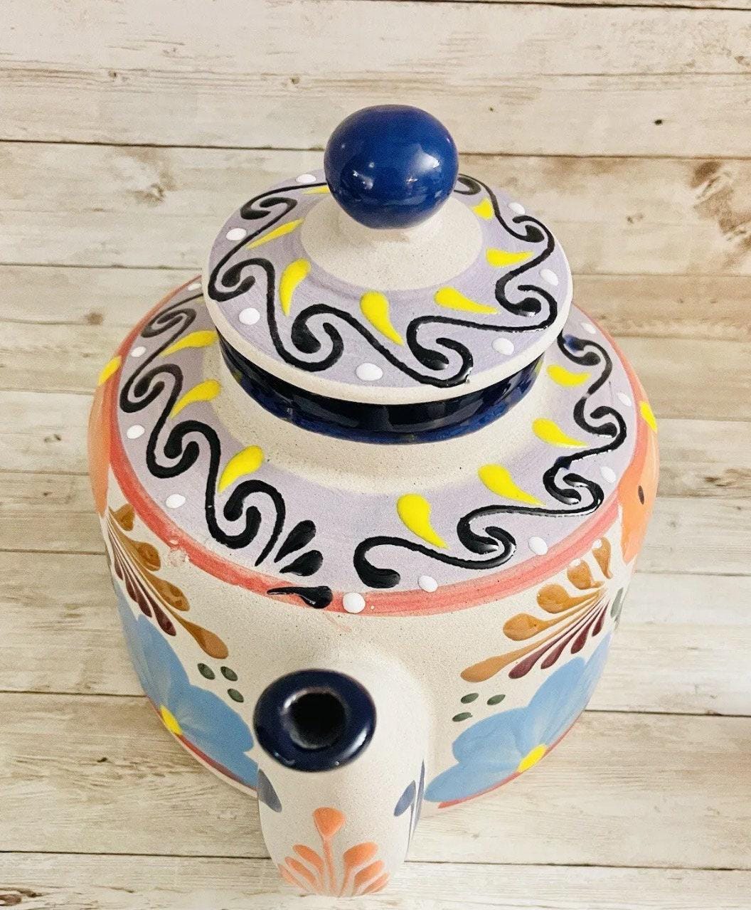 Terra Cotta Mexican Art Pottery CoffeeTea Pot with 2 Mugs Jarra Lechera Cafetera Artesanal Mexicana Engove con 2 Tazas