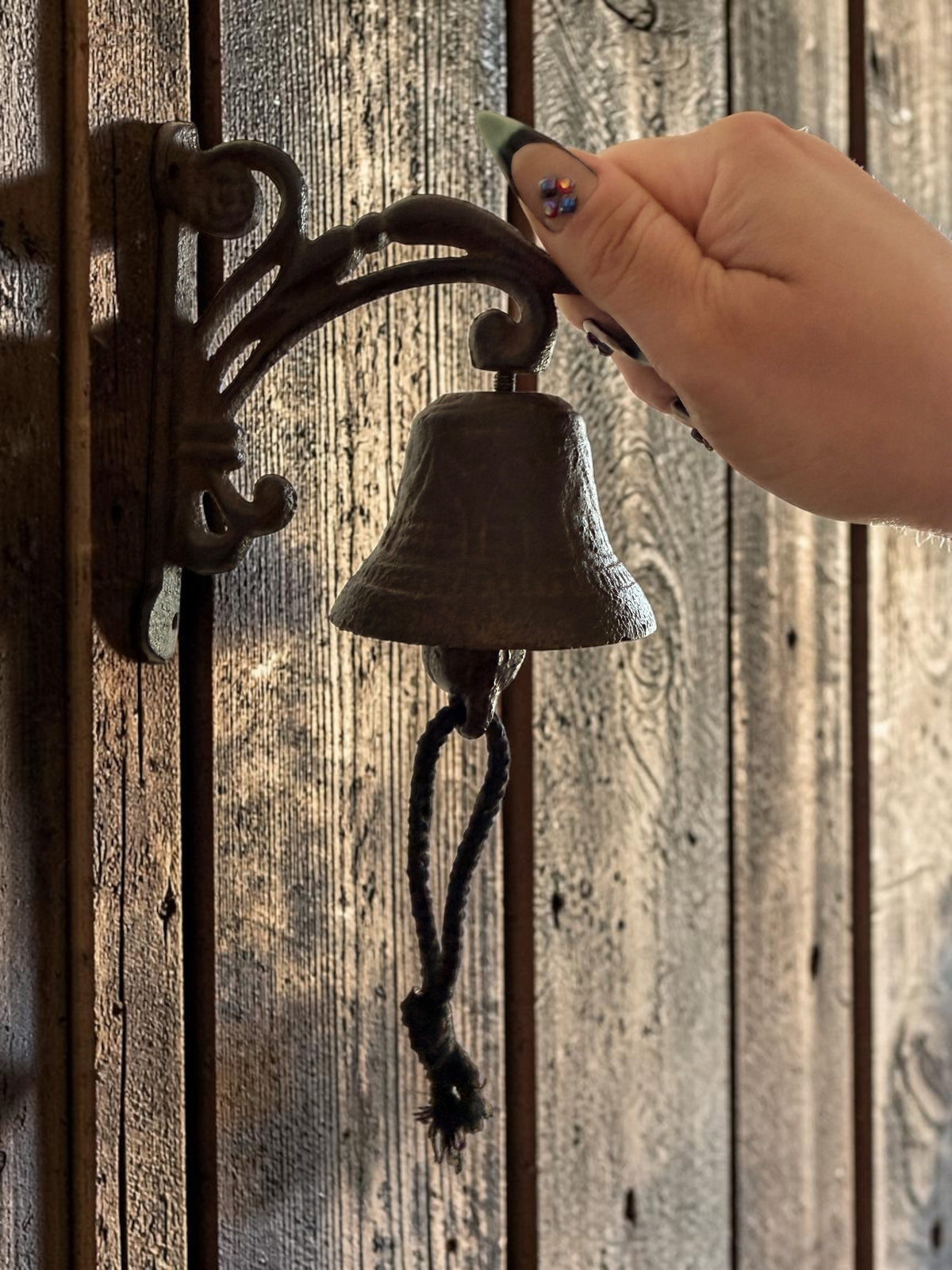 Chica Mexico cast iron wall-mounted bell with ornate scrolled bracket and rope pull on a rustic wooden door