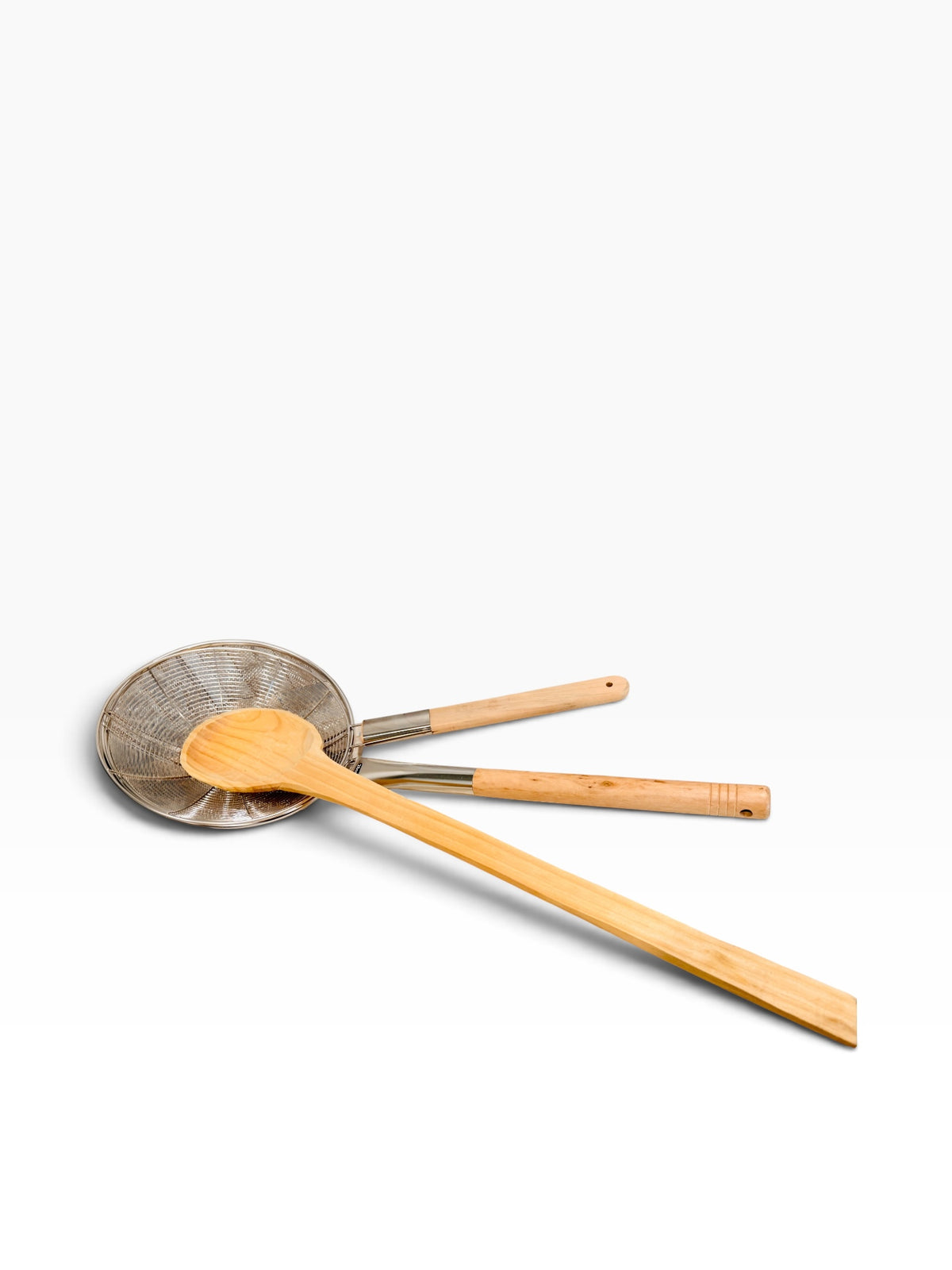 Chica Mexico 4-piece kitchen utensil set featuring stainless steel mesh skimmers and wooden spoons with long handles.