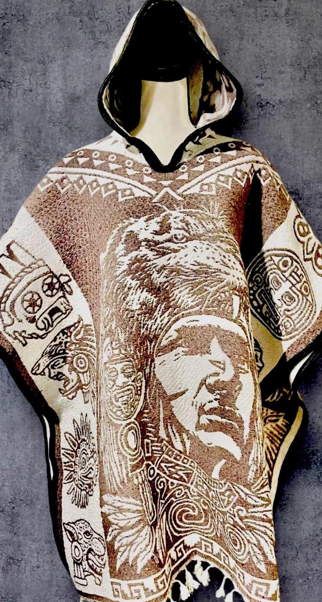 Mexican Double Sided Poncho Aztec and Jaguar Poncho Gavan Azteca con Jaguar Doble Vista