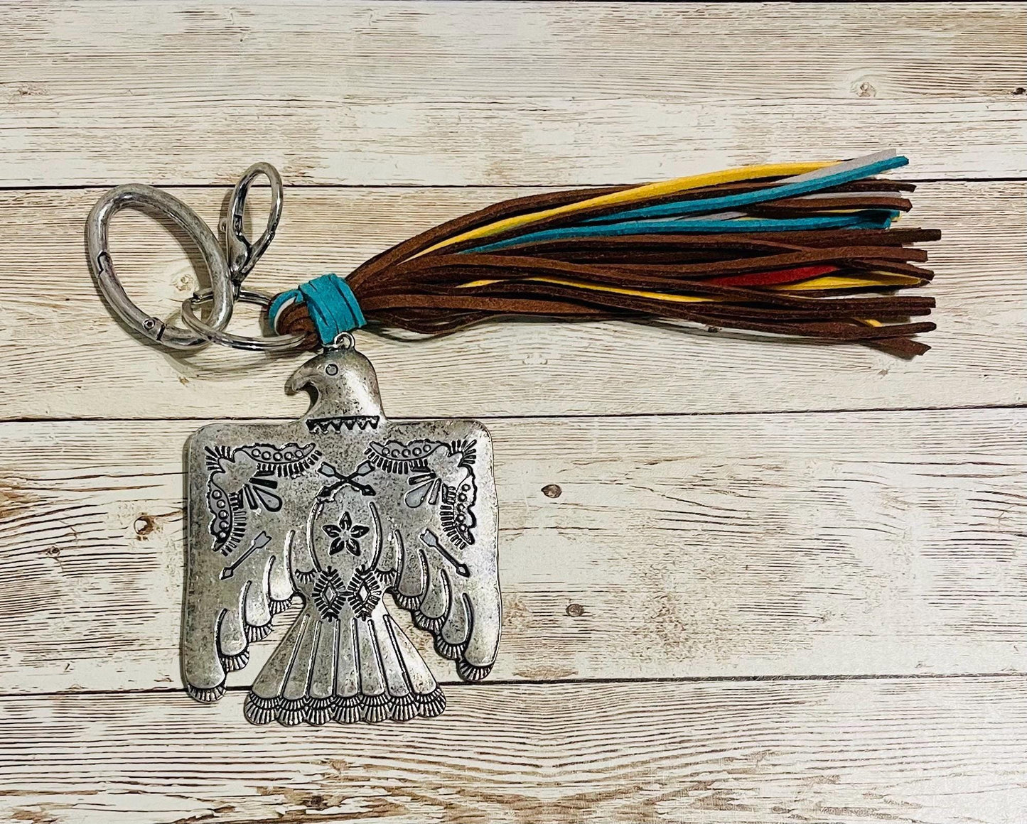 Thunderbird Southwest Western Keychain Key Purse Badge Llavero Pajaro Trueno Nativo con Tiras de Piel