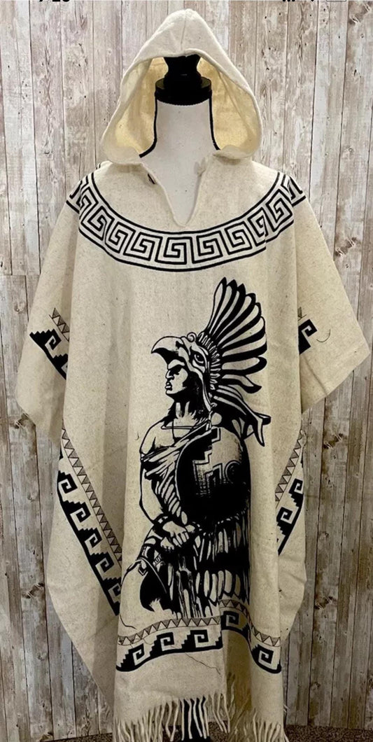 Mexican Aztec Warrior Wool PONCHO with Hoodie Poncho Mexicano De Lana Planchada  Azteca Guerrero con Gorro