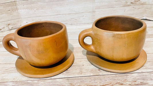 Brown Oaxacan Mexican Clay Cups Set with 2 Cups & 2 Plates 2 Tazas de Barro Cafe Artesanal de de Oaxaca Artesanales con 2 Platos