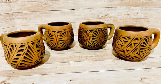 4X Mexican Artesanal Brown Clay Mexican Mugs Cups 4 Tazas Mexicanas Caladas de Barro Cafe de Oaxaca
