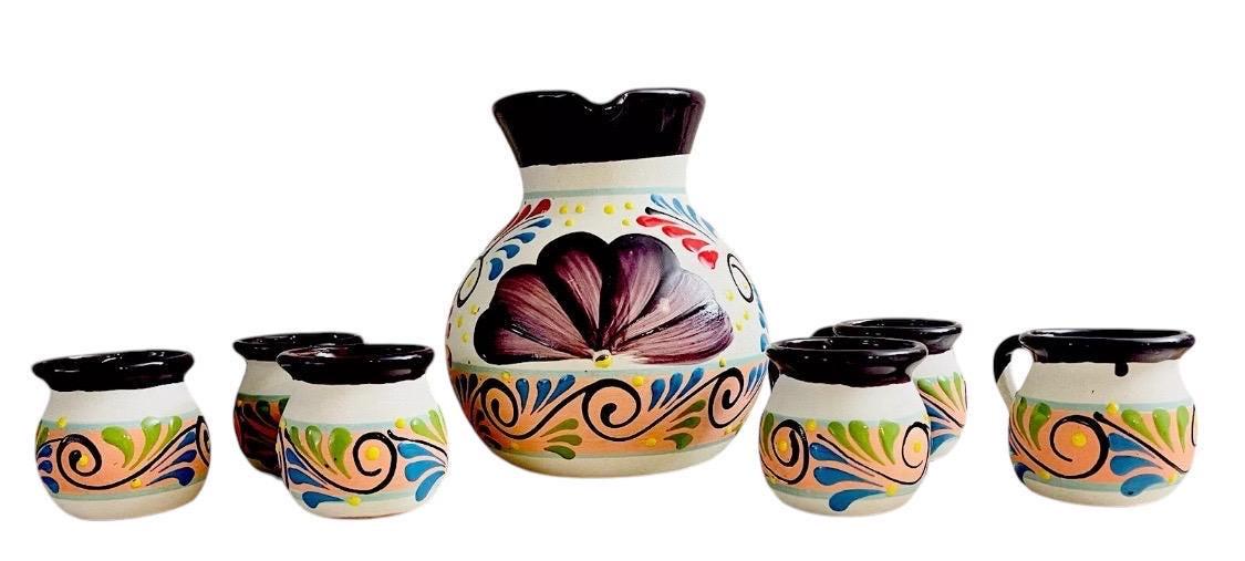 Terra Cotta Mexican Art Pottery Pitcher With 6 Cups Jarra Artesanal Mexicana