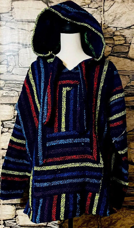 Saddle Blanket Adult Small Baja Hoodie Poncho Knit Jerga Mexicana