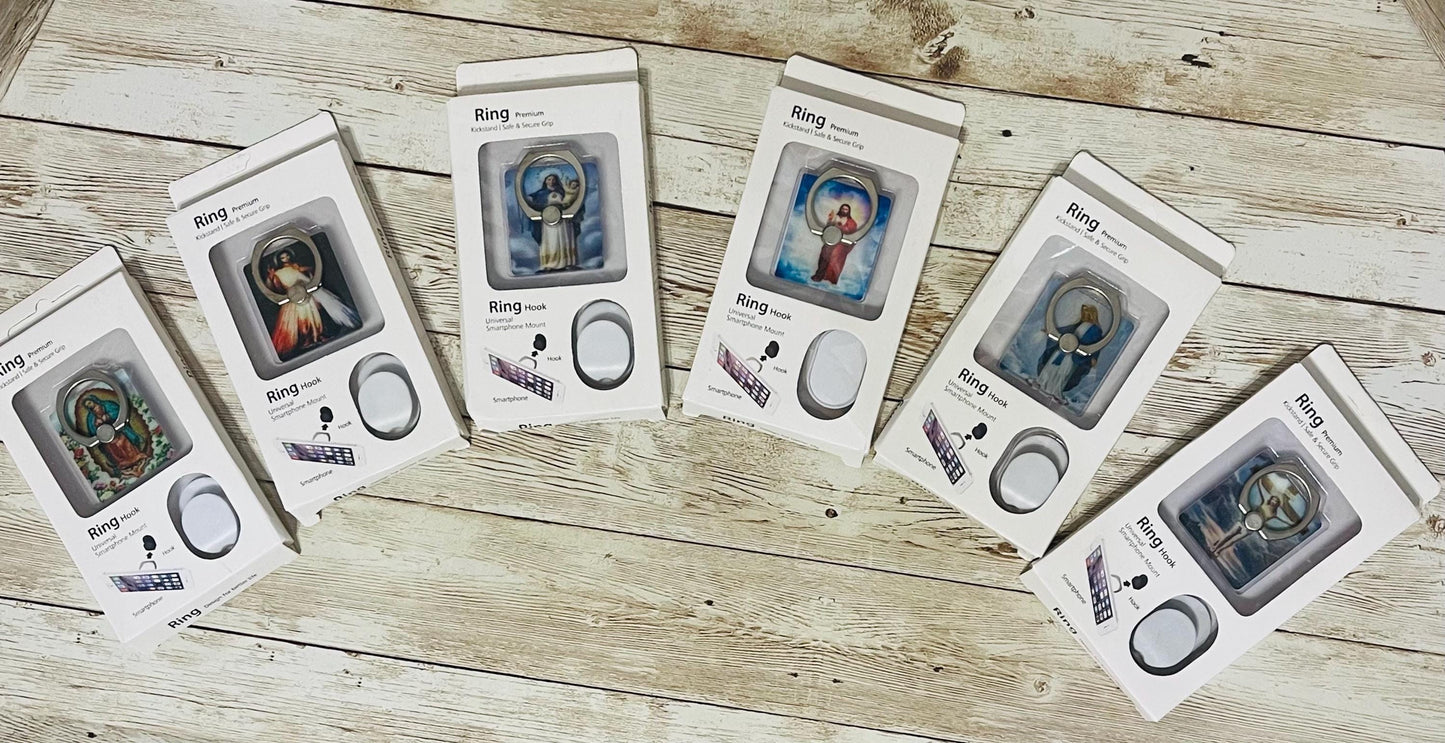 2x Phone Rings Grips Jesus on Cross Virgin Mary Virgin Mary with Baby Jesus 2x Arillos para Celular de Virgen Maria, Jesus en la Cruz,