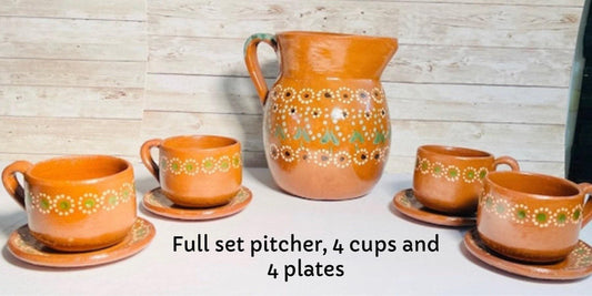 Terra Cotta Mexican Art Pottery CoffeeTea Set Drinkware With 4 Mugs 4 Plates Jarra Lechera Artesanal Mexicana con 4 tazas y 4 platos