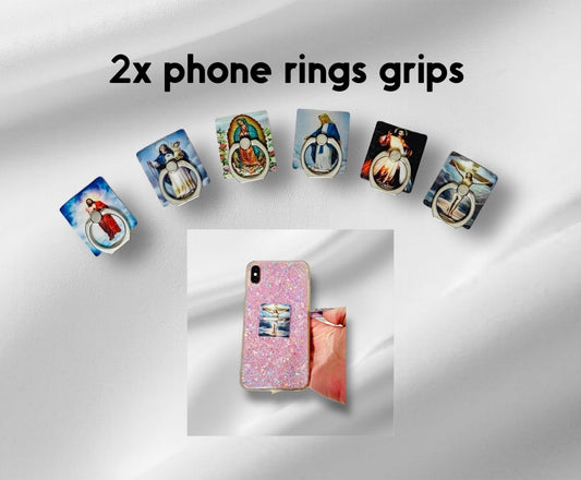 2x Phone Rings Grips Jesus on Cross Virgin Mary Virgin Mary with Baby Jesus 2x Arillos para Celular de Virgen Maria, Jesus en la Cruz,