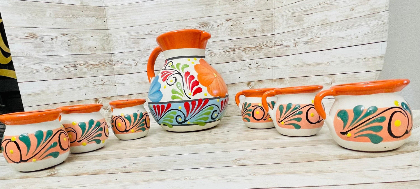 Terra Cotta Mexican Art Pottery Pitcher With 6 Cups Jarra Artesanal Mexicana