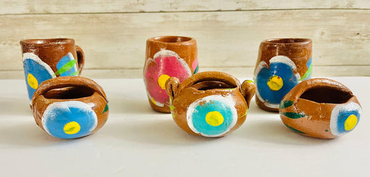 3 Mini Cantaritos de Barro  and 3 Mexican Canastas for Tequila Shots or Hot Tea Mini Tequileros and 3 Mexican Baskets