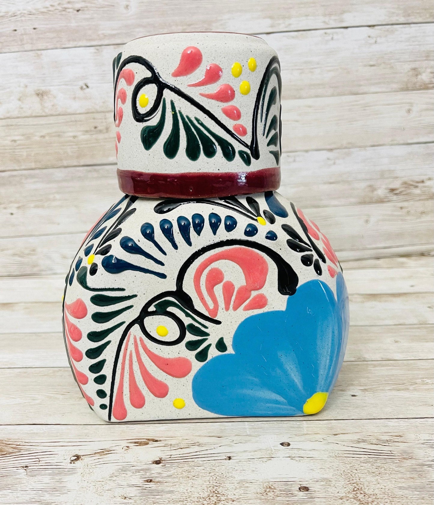 Terra Cotta Mexican Art Water Jug with Cup Garrafon de Barron Artesanal Mexicana con Vaso