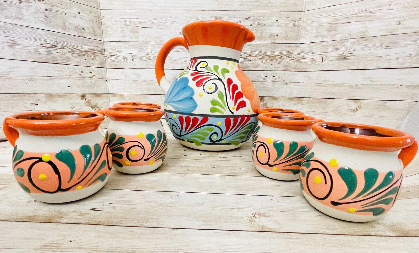 Terra Cotta Mexican Art Pottery Pitcher With 6 Cups Jarra Artesanal Mexicana