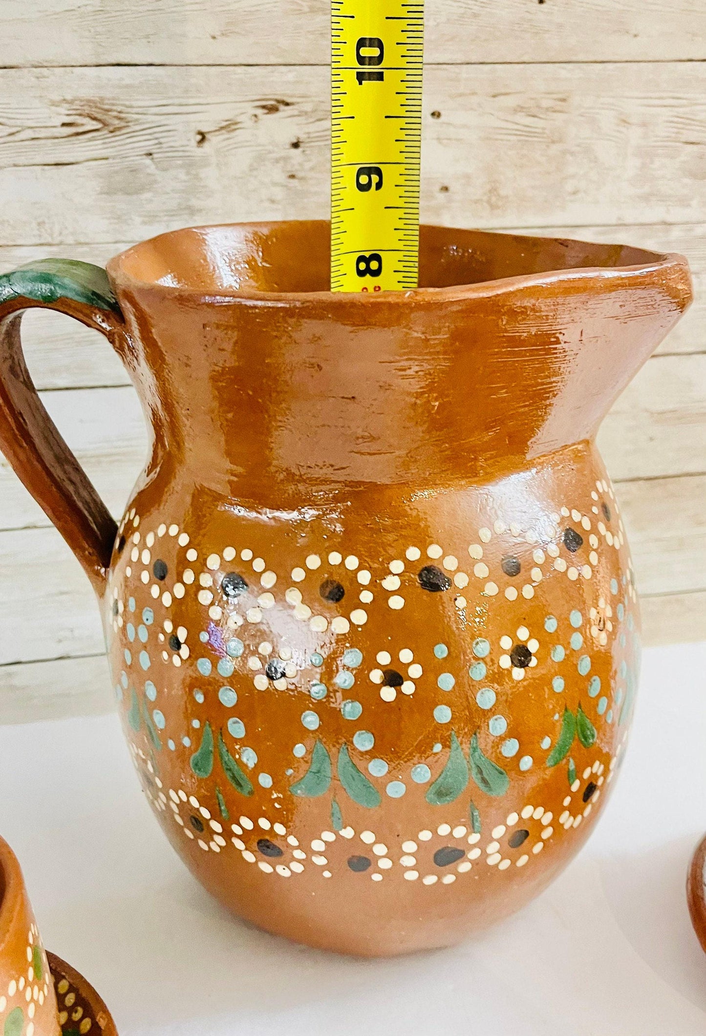 Terra Cotta Mexican Art Pottery CoffeeTea Set Drinkware With 4 Mugs 4 Plates Jarra Lechera Artesanal Mexicana con 4 tazas y 4 platos