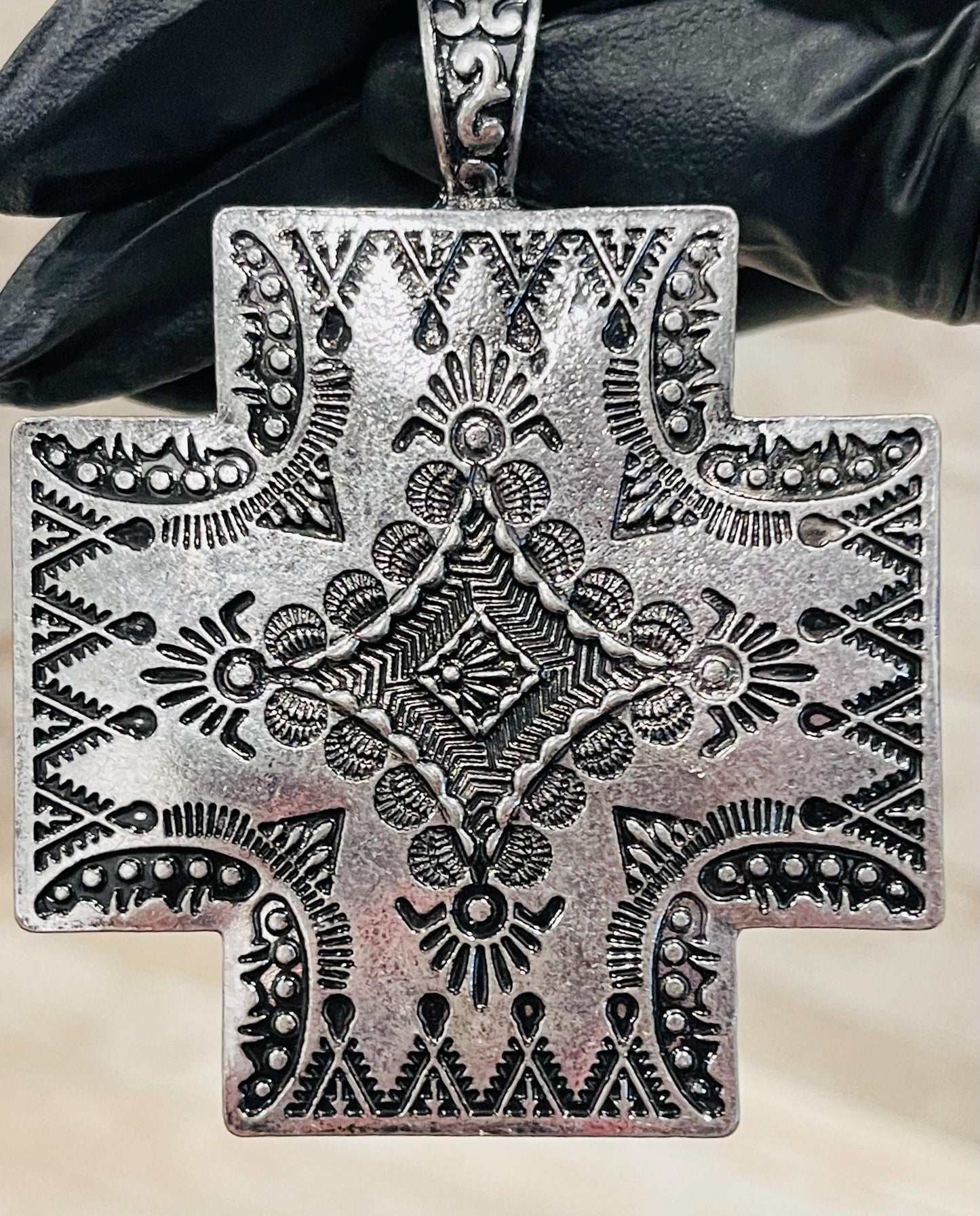Western Cross Pendant & Earring Set Antique Silver Tone Jewelry Juego de Dije y Aretes de Cruz Estilo Color Plata Antigua