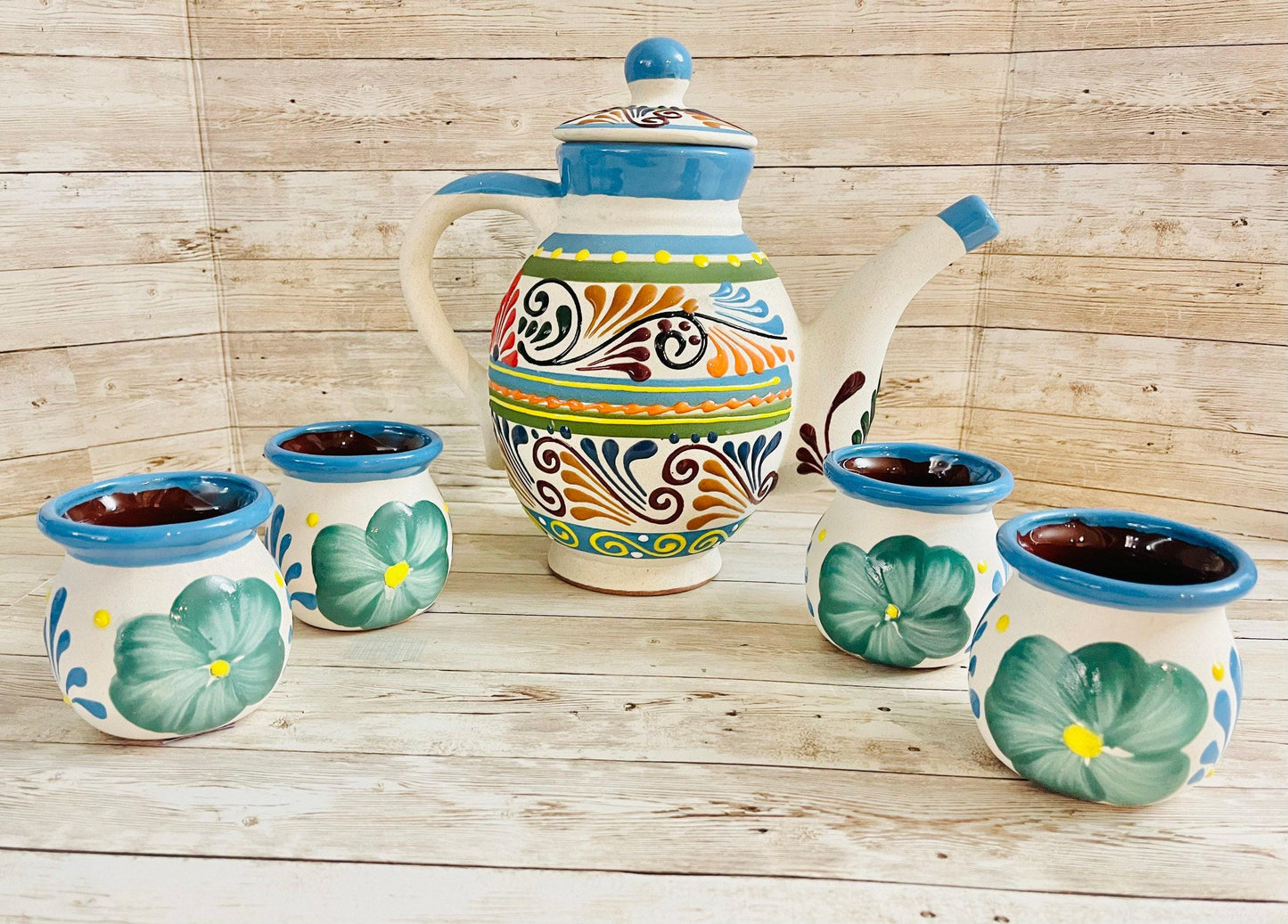Terra Cotta Mexican Art Pottery CoffeeTea Set Drinkware With 4 Mugs Jarra Lechera Cafetera Artesanal con 4 tazas y Azucarera