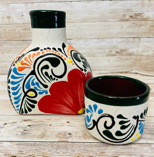 Terra Cotta Mexican Art Water Jug with Cup Garrafon de Barron Artesanal Mexicana con Vaso