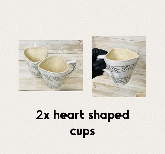2x Mexican Ceramic Heart Shaped Pottery Cups 2x Tazas de Ceramica Mexicanas en Forma de Corazon