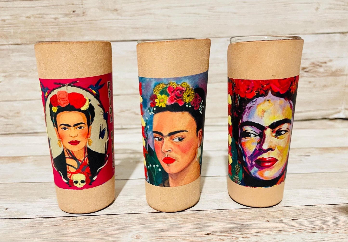 3 Frida Kahlo Mexican Leather Shot Glasses 3 Vasos Tequileros de Frida Kahlo con Forro de Piel