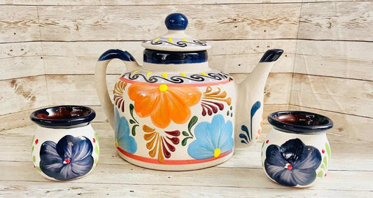 Terra Cotta Mexican Art Pottery CoffeeTea Pot with 2 Mugs Jarra Lechera Cafetera Artesanal Mexicana Engove con 2 Tazas