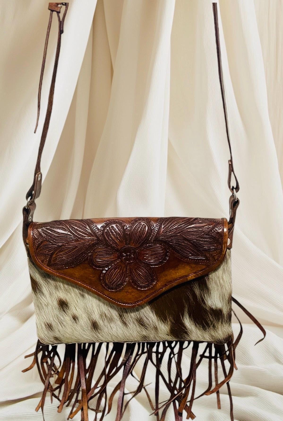 Handcrafted Western Mexican Leather Crossbody Purse with Fringes Bolsa Mexicana de Piel con Flecos