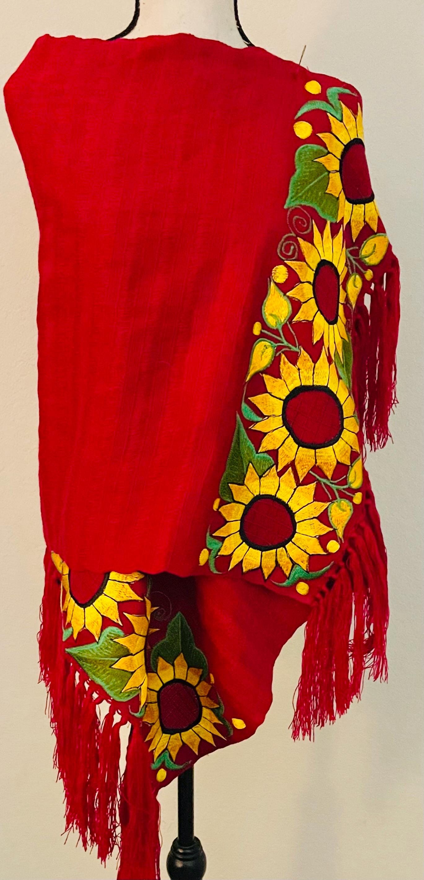 Mexican Sunflower Embroidered Handmade Shawl Reboso Bordado Mexicano de Girasoles