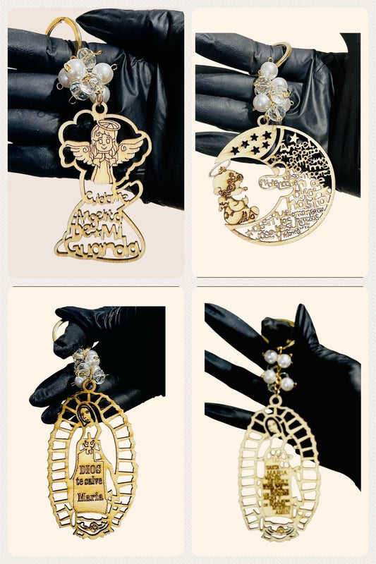 4 Mexican Wood Keychains 4 Llaveros Mexicanos Angel de mi Guarda, Dios te Salve Maria Virgen Maria Escoje 4 de tu Eleccion