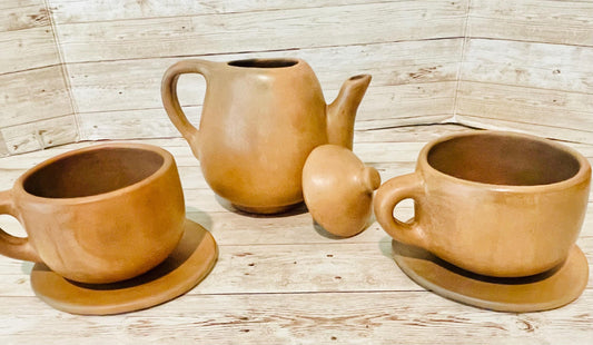Brown Oaxacan Mexican Clay Coffee Tea Pot Set with 2 Cups & Plates Tetera Artesanal de Barro Cafe de Oaxaca Artesanal con 2 Tazas y 2 Platos