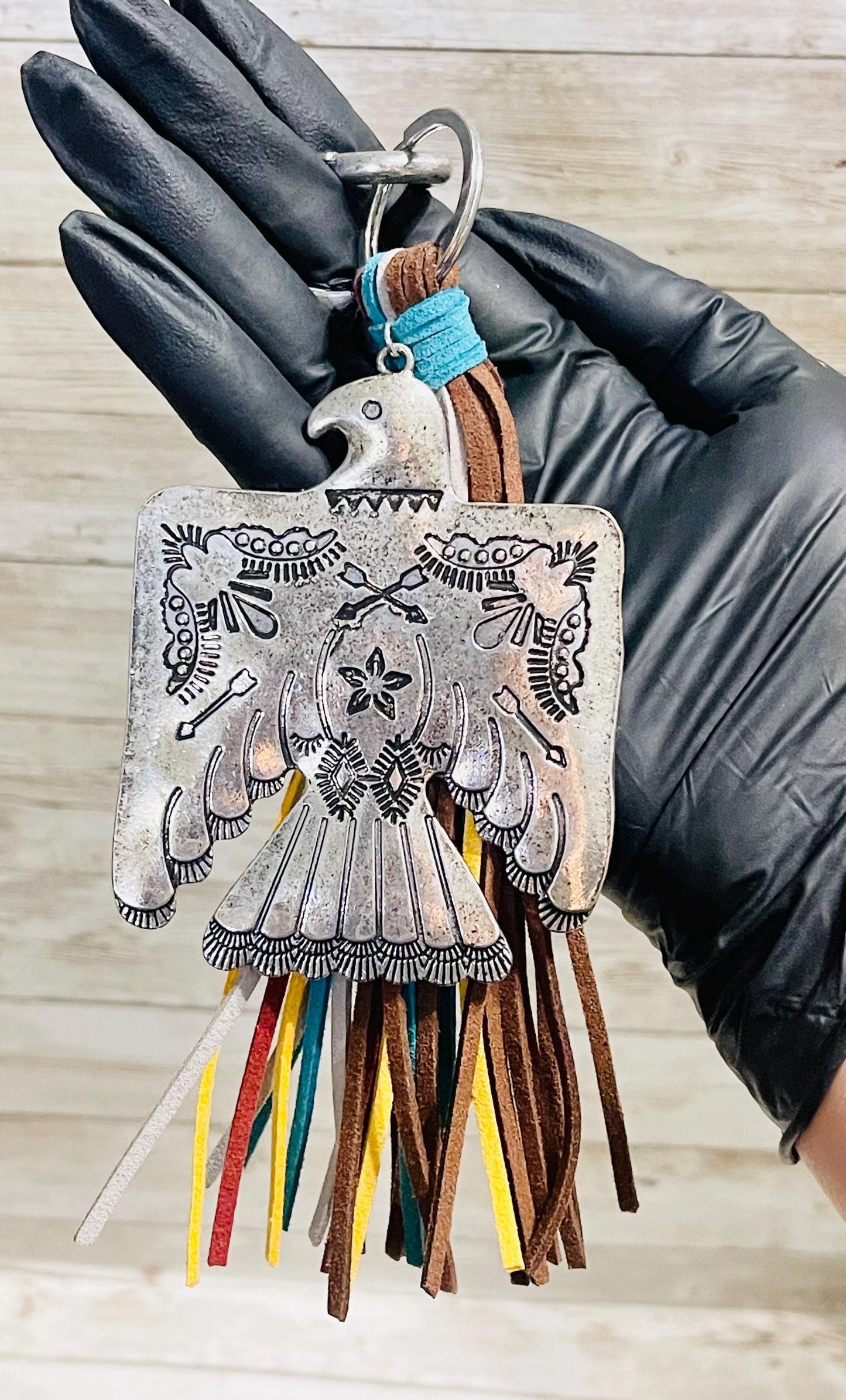 Thunderbird Southwest Western Keychain Key Purse Badge Llavero Pajaro Trueno Nativo con Tiras de Piel