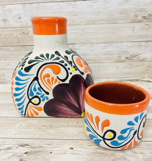 Terra Cotta Mexican Art Water Jug with Cup Garrafon de Barron Artesanal Mexicana con Vaso