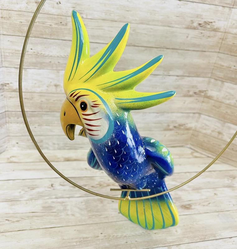 Mexican Exotic Ceramic Bird on a Perch Pajaro Mexicano de Ceramic en Aro