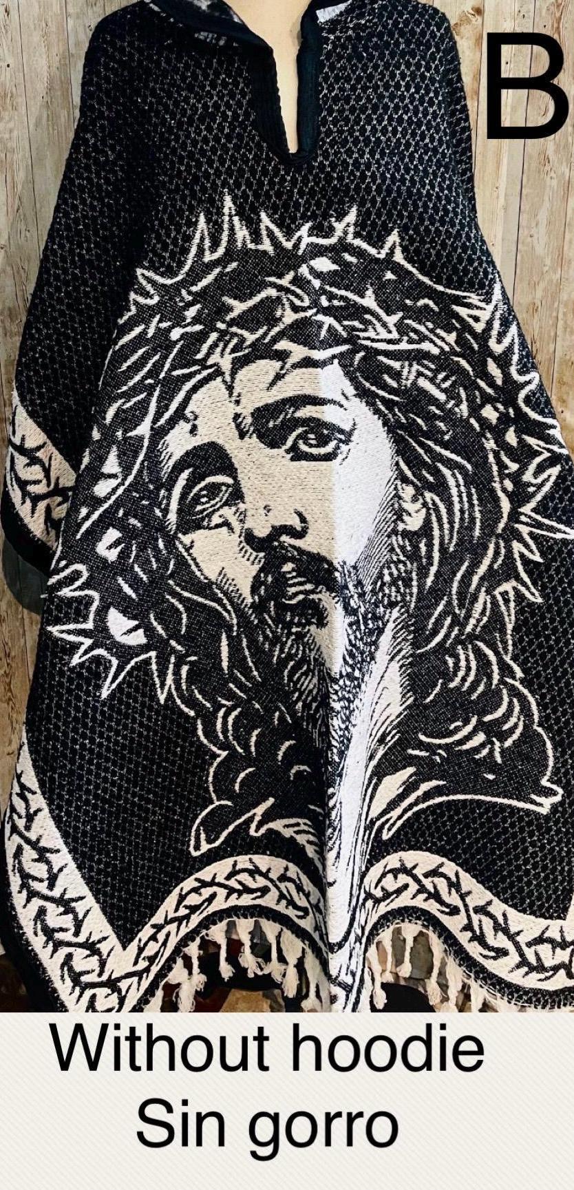 Mexican Double Sided Poncho Christ and INRI on Back Poncho Doble Vista de Cristo y INRI Atras