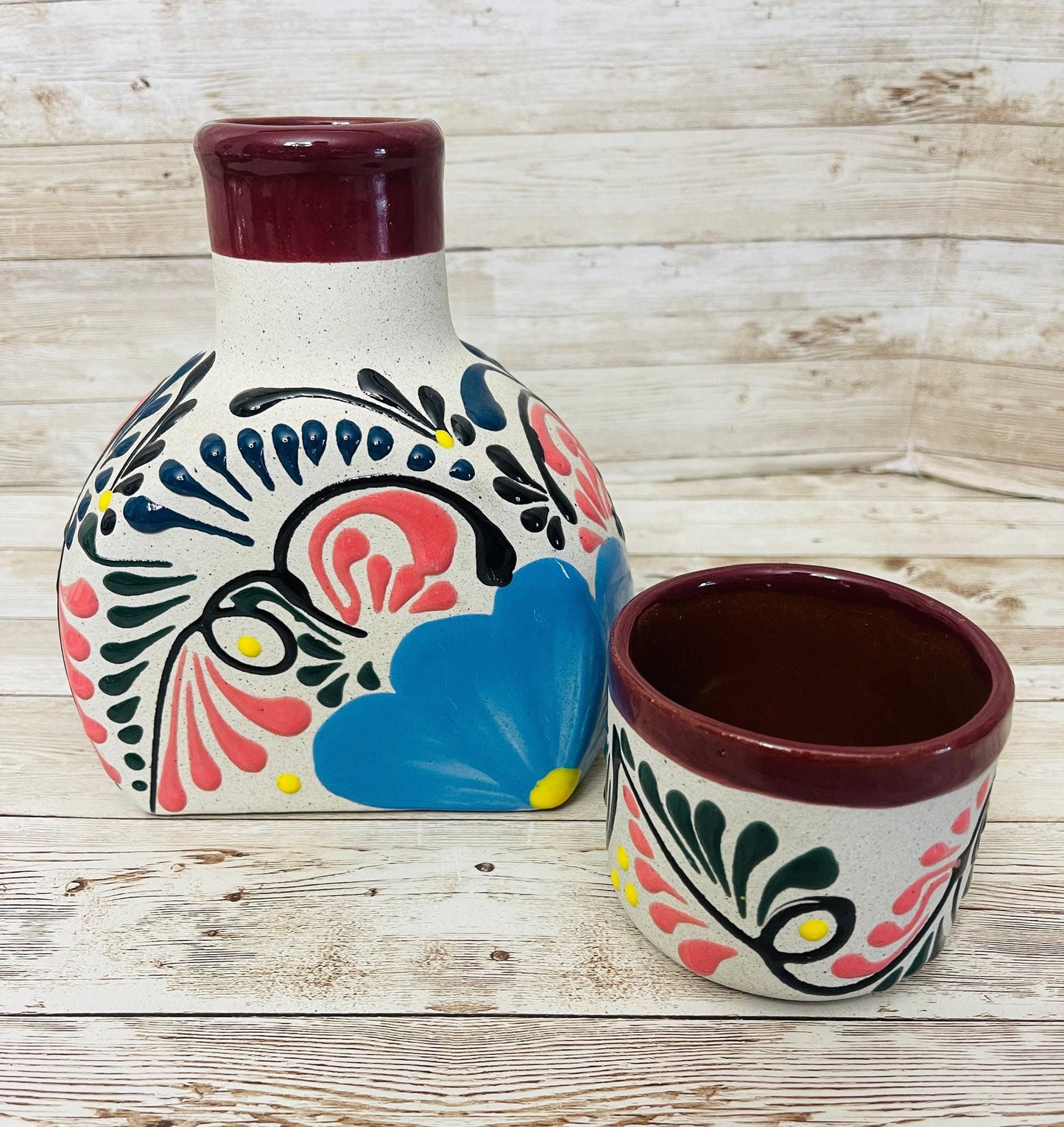 Terra Cotta Mexican Art Water Jug with Cup Garrafon de Barron Artesanal Mexicana con Vaso
