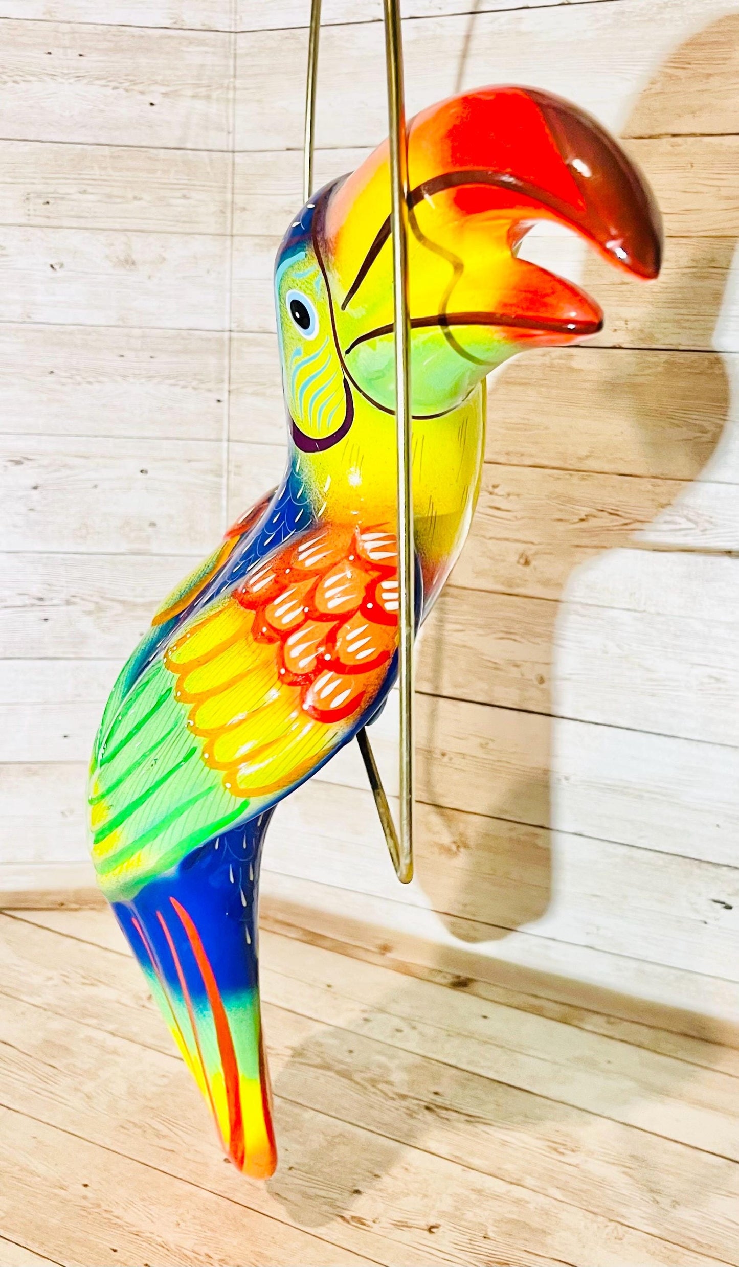 Mexican Exotic Ceramic Bird on a Perch Pajaro Mexicano de Ceramic en Aro