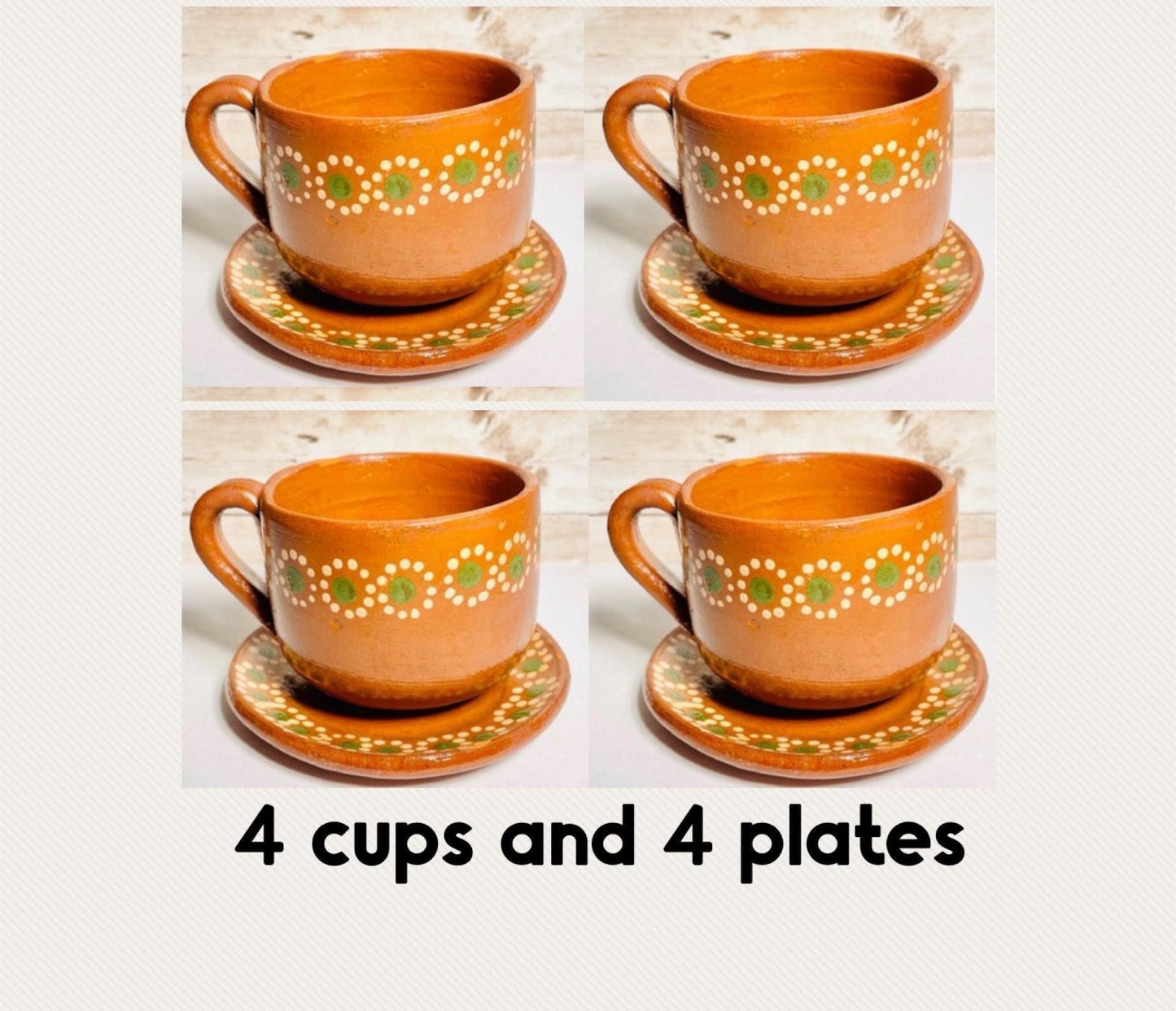 Terra Cotta Mexican Art Pottery CoffeeTea Mugs with Plates Tazas de Barro Artesanales  Mexicana con Plato