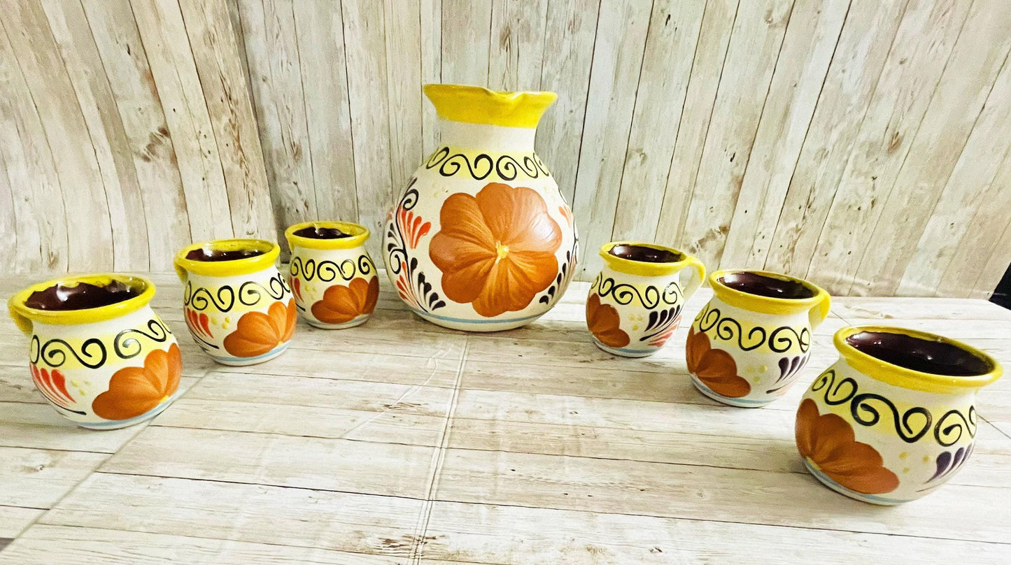 Terra Cotta Mexican Art Pottery Pitcher With 6 Cups Jarra Artesanal Mexicana