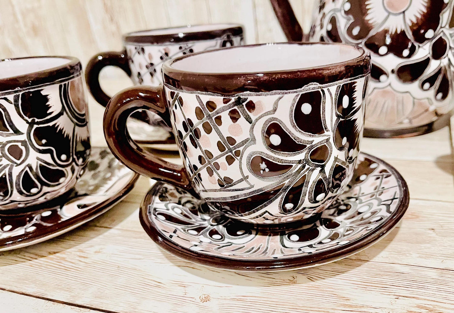 Mexican Talavera Tea Coffee Set Drinkware With 6  Mugs Sugar Bowl Talavera Mexicana de Cafe/Te con Tazas Platos Azucarera y Tetera