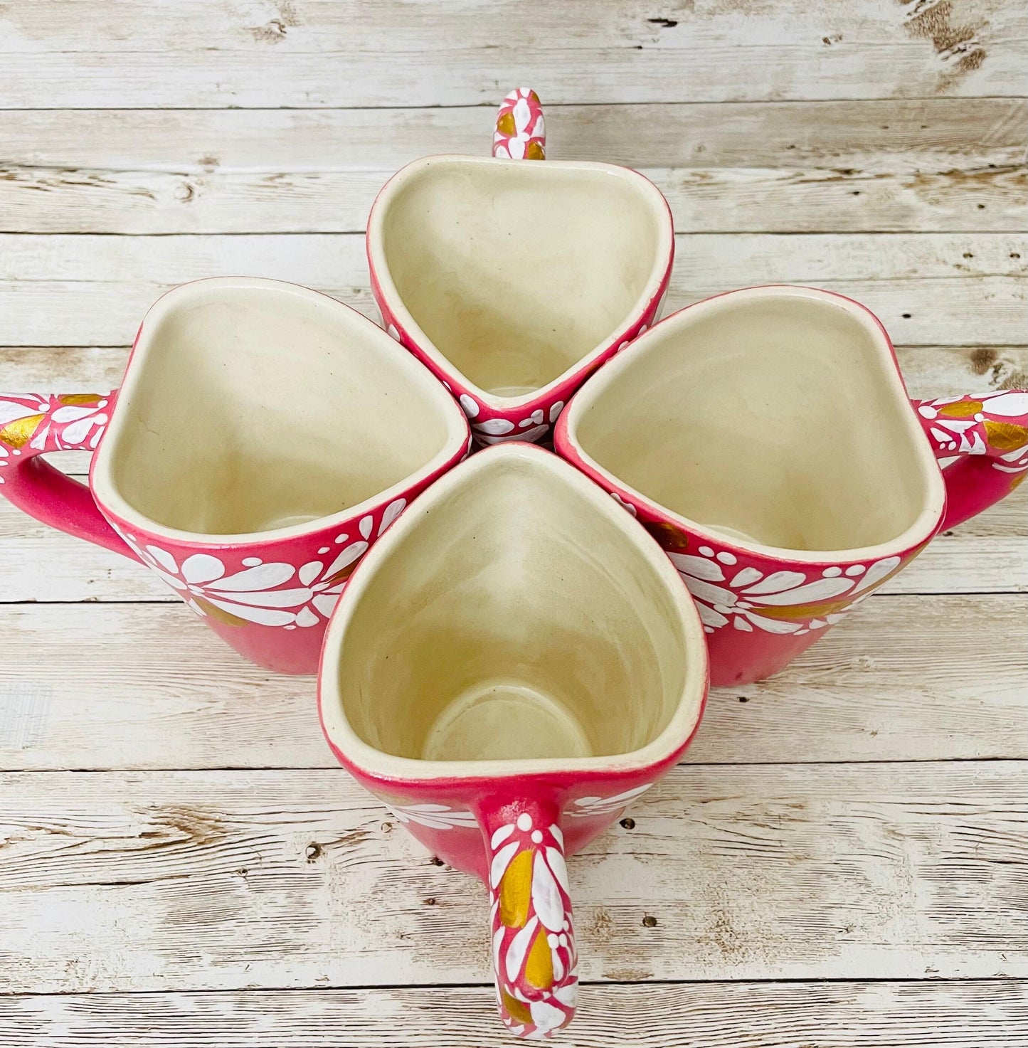 4x Mexican Ceramic Heart Shaped Pottery Cups 4x Tazas de Ceramica Mexicanas en Forma de Corazon