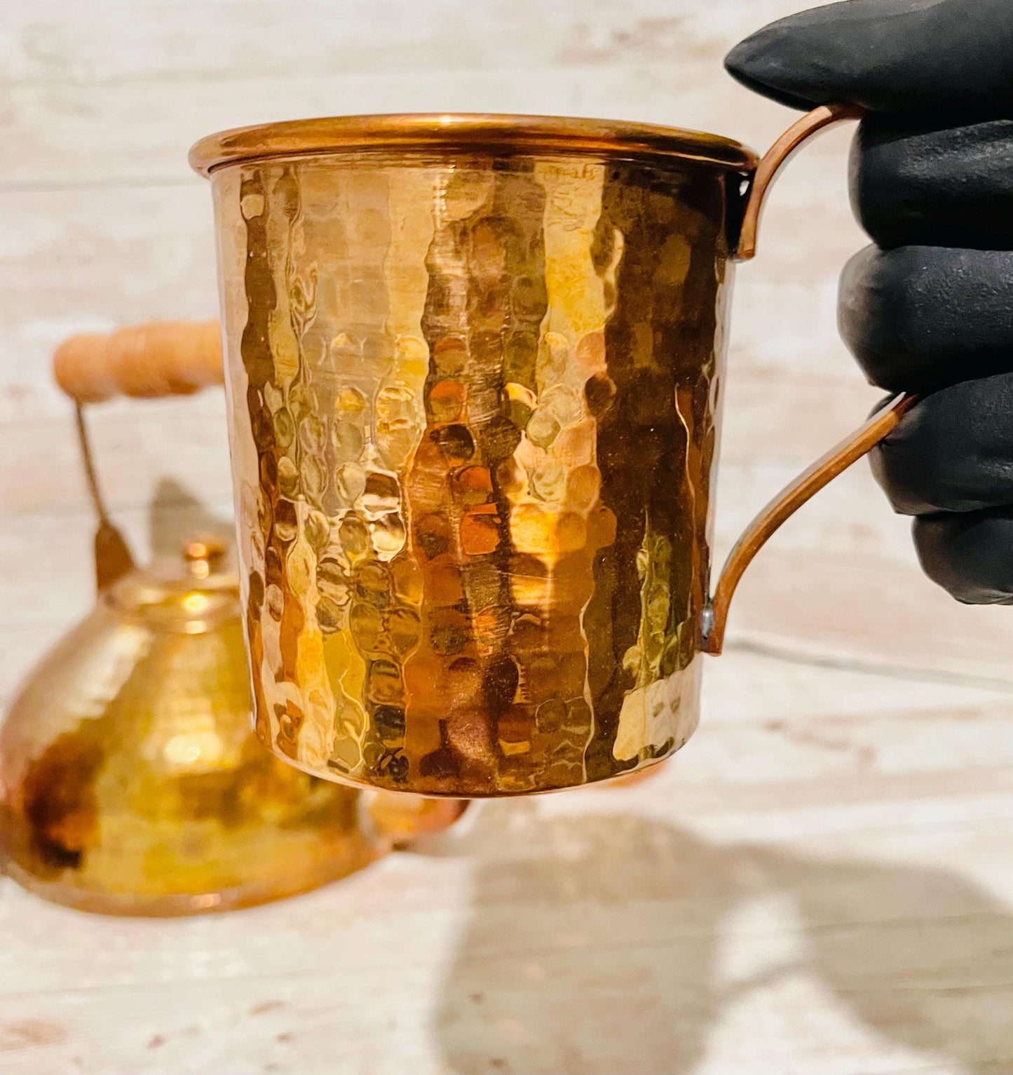 Mexican Copper Coffee Tea Pot with Pouring Cup and 2 Cups Cafetera/Tetera de Cobre Mexicano con Taza para Servir y 2 Vasos