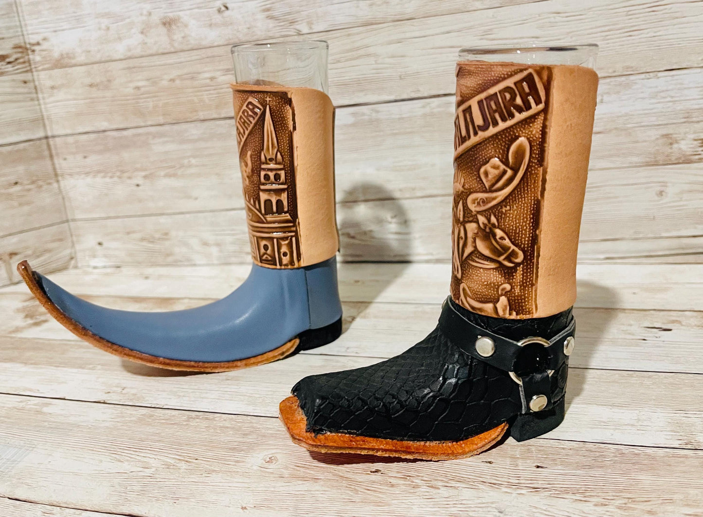 2x Mexican Leather Boot Shot Glasses 2x Vasos Tequileros de Bota con Piel