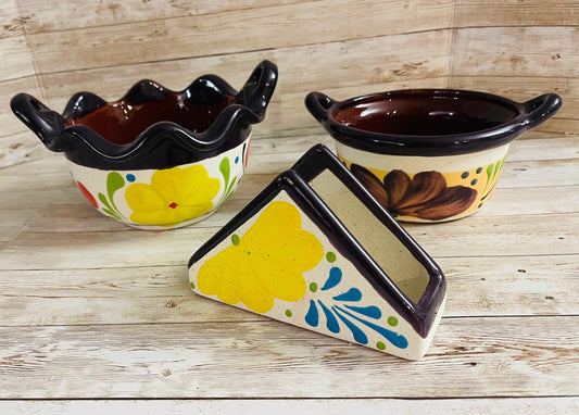 Terra Cota 3 Piece Mexican Set Napkin Holder Salsa & Dish Bowl Servilletero Tazon y Salsero de Barro