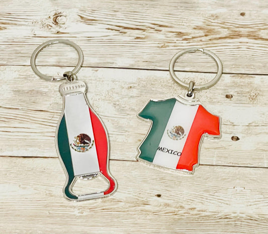 2 Mexican Keychains 1 Bottle Opener and 1 Mexican Shirt with Mexico Colors 2 Llaveros 1 Llavero Destapador y 1 Llavero de Camiseta Mexicana