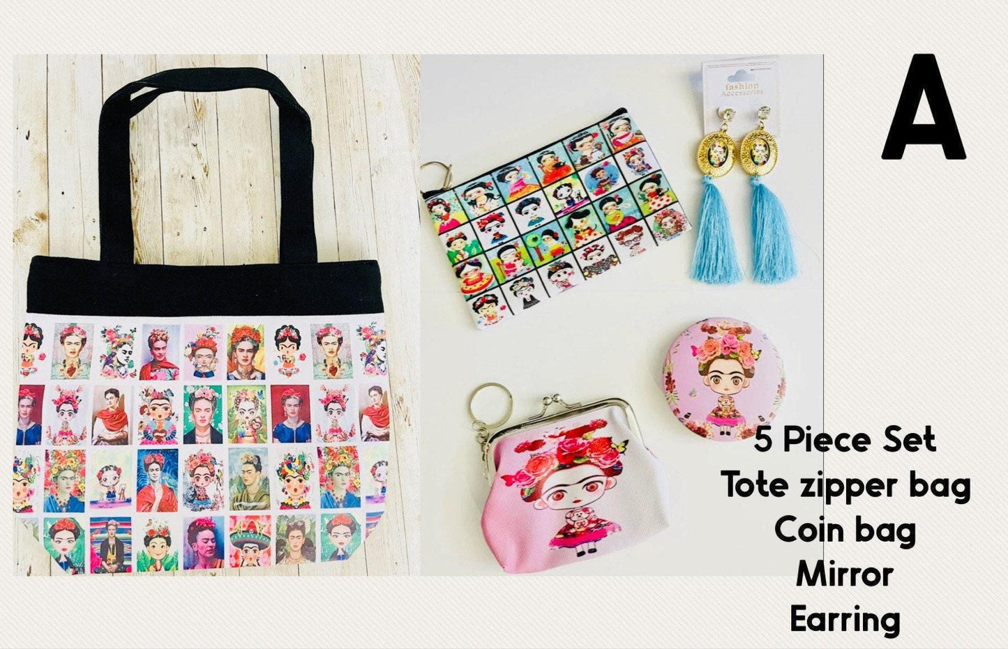 Mexican Frida Kahlo Tote Bag and Sets Bolsa Artesanal Mexicana Frida Kahlo con Accesorios