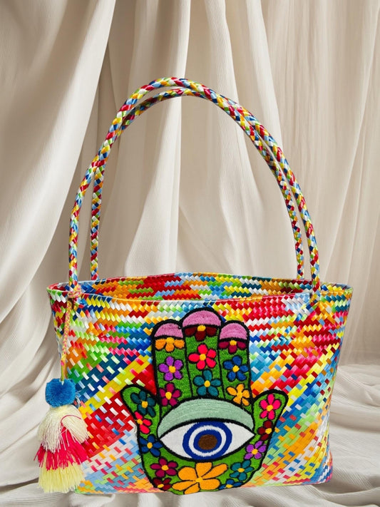 Hamsa Evil Eye Hand Woven Plastic Tote Bolsa Mexicana Artesenal Hamsa Mal De Ojo