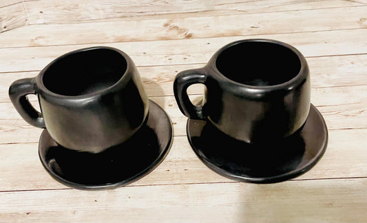 Black Oaxacan Mexican Clay Capuccino Expresso Coffee Tea Mugs with Plate Tazas de Barro Negro Artesanal Mexicano con Plato Hechas en Oaxaca