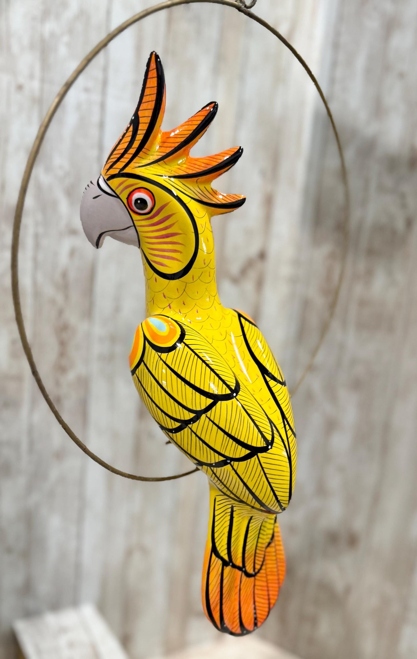 Hanging Exotic Bird in Ring Mexican Pottery Ceramic Pajaro De Cerámica