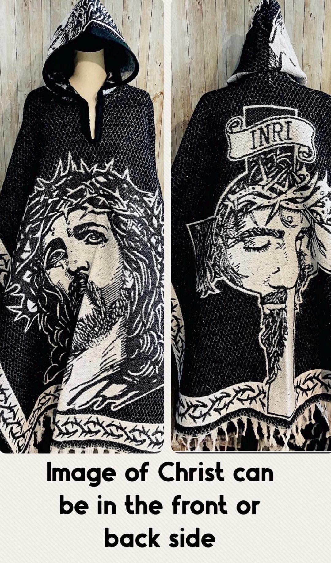 Mexican Double Sided Poncho Christ and INRI on Back Poncho Doble Vista de Cristo y INRI Atras