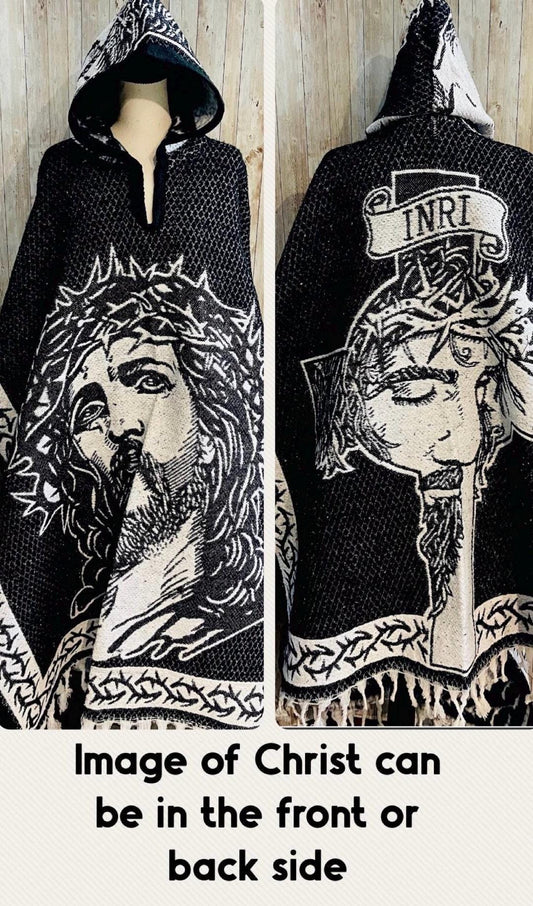 Mexican Double Sided Poncho Christ and INRI on Back Poncho Doble Vista de Cristo y INRI Atras