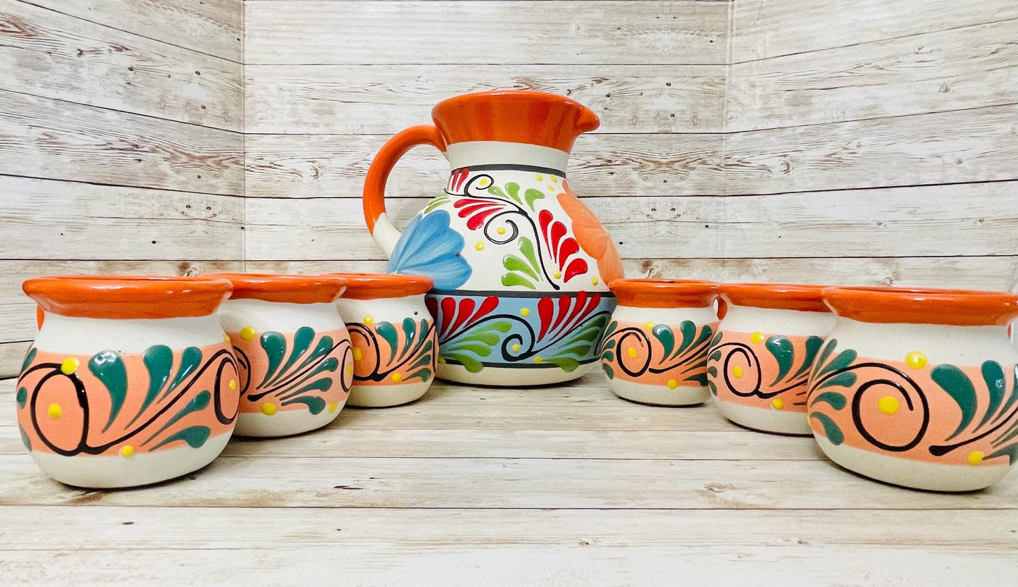 Terra Cotta Mexican Art Pottery Pitcher With 6 Cups Jarra Artesanal Mexicana