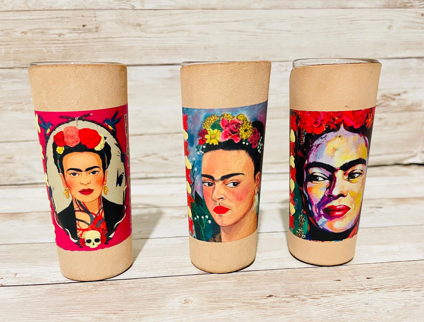 3 Frida Kahlo Mexican Leather Shot Glasses 3 Vasos Tequileros de Frida Kahlo con Forro de Piel